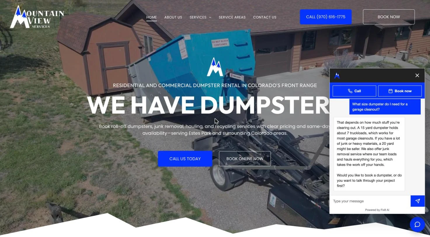 A dumpster rental company's homepage with the AI chat open, answering a customer question, with Call and Book buttons
