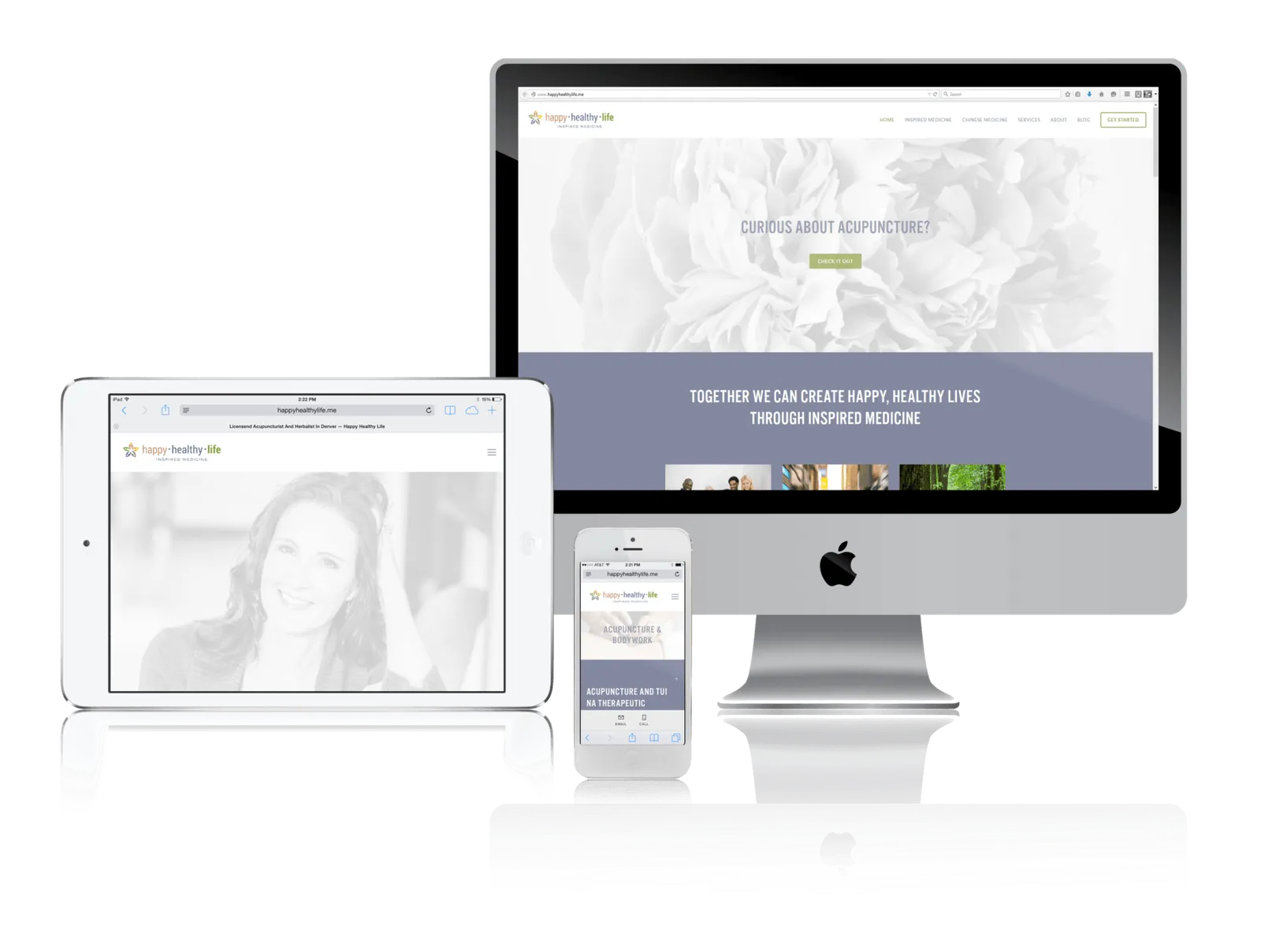Acupuncture practice website shown on desktop, laptop, tablet and phone