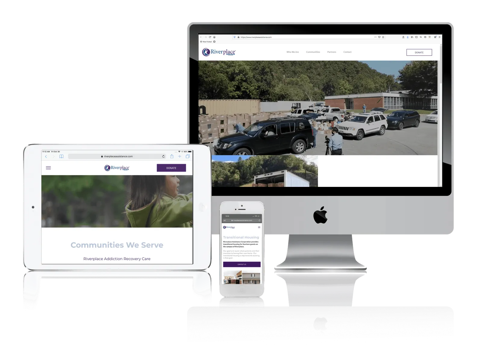 Addiction recovery nonprofit website shown on desktop, laptop, tablet and phone