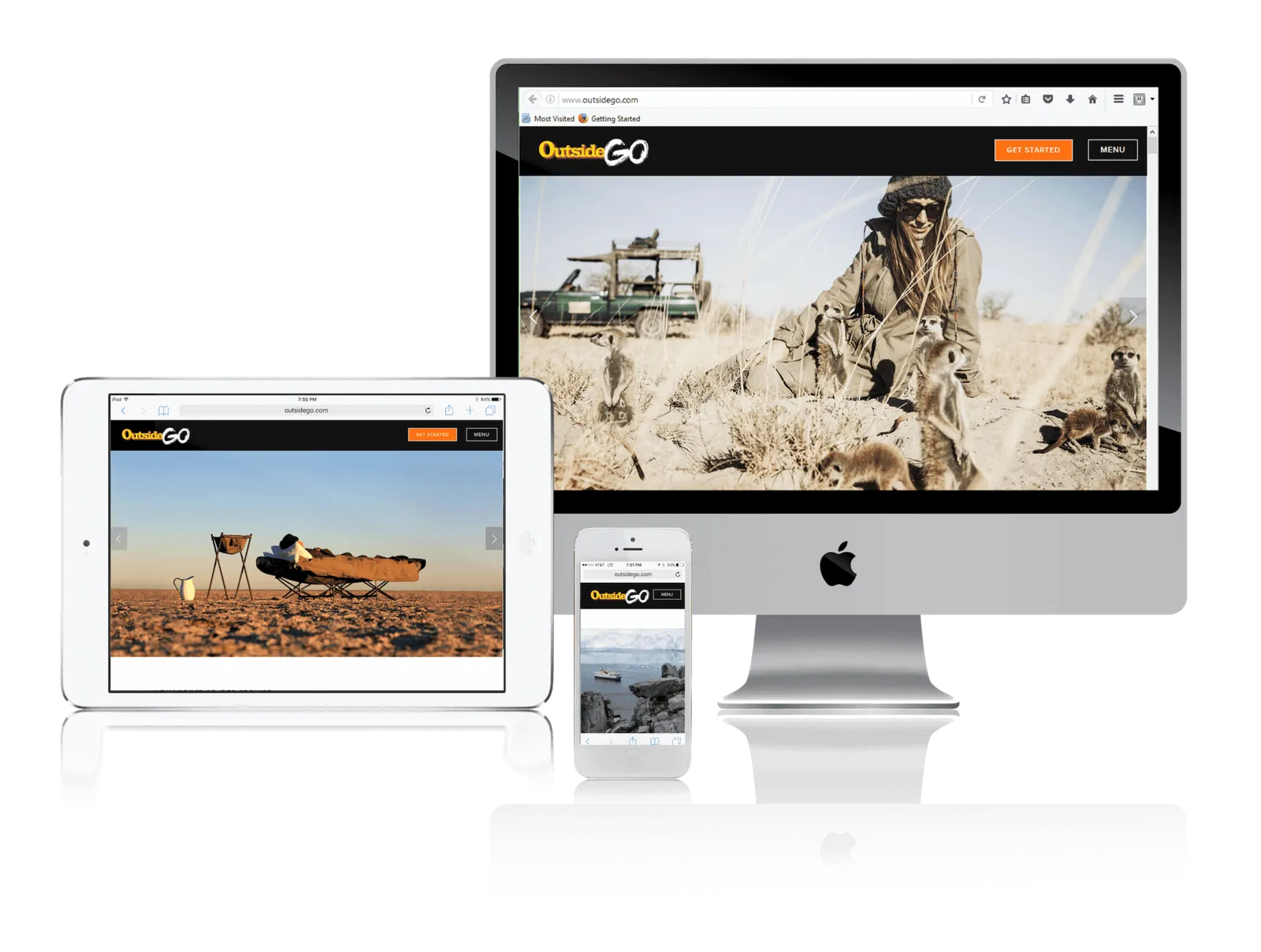 Adventure travel company website shown on desktop, laptop, tablet and phone