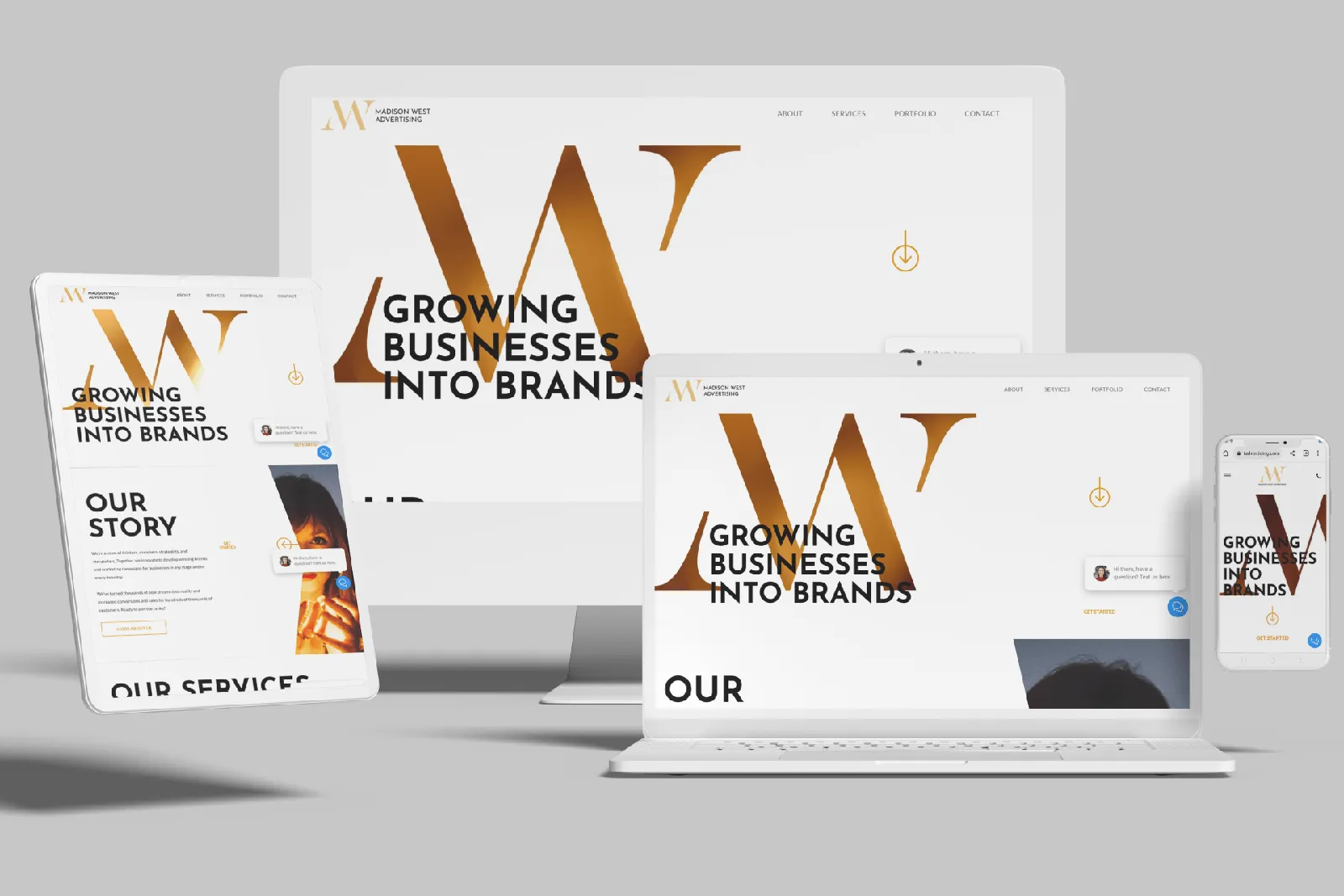 Advertising agency website shown on desktop, laptop, tablet and phone