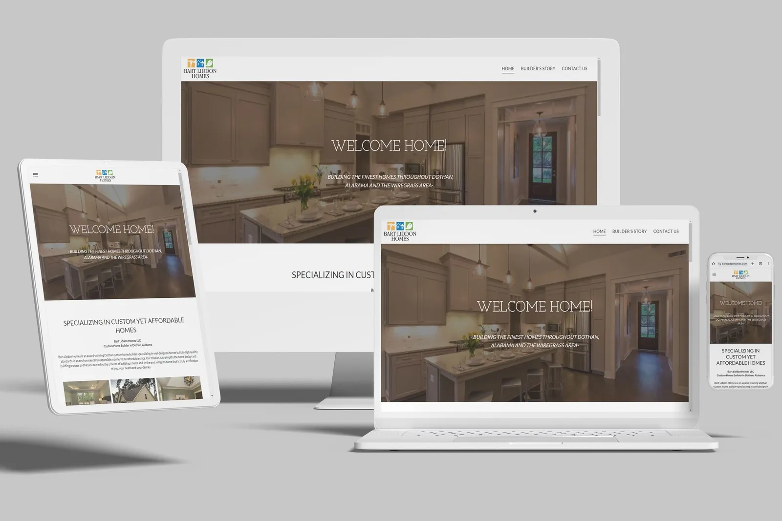 Custom home builder website shown on desktop, laptop, tablet and phone