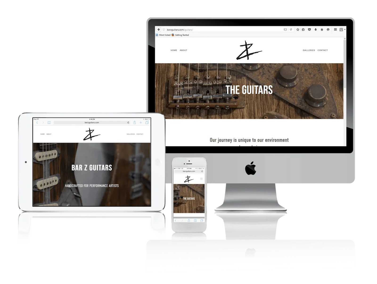 Alaska handmade guitar maker website shown on desktop, laptop, tablet and phone