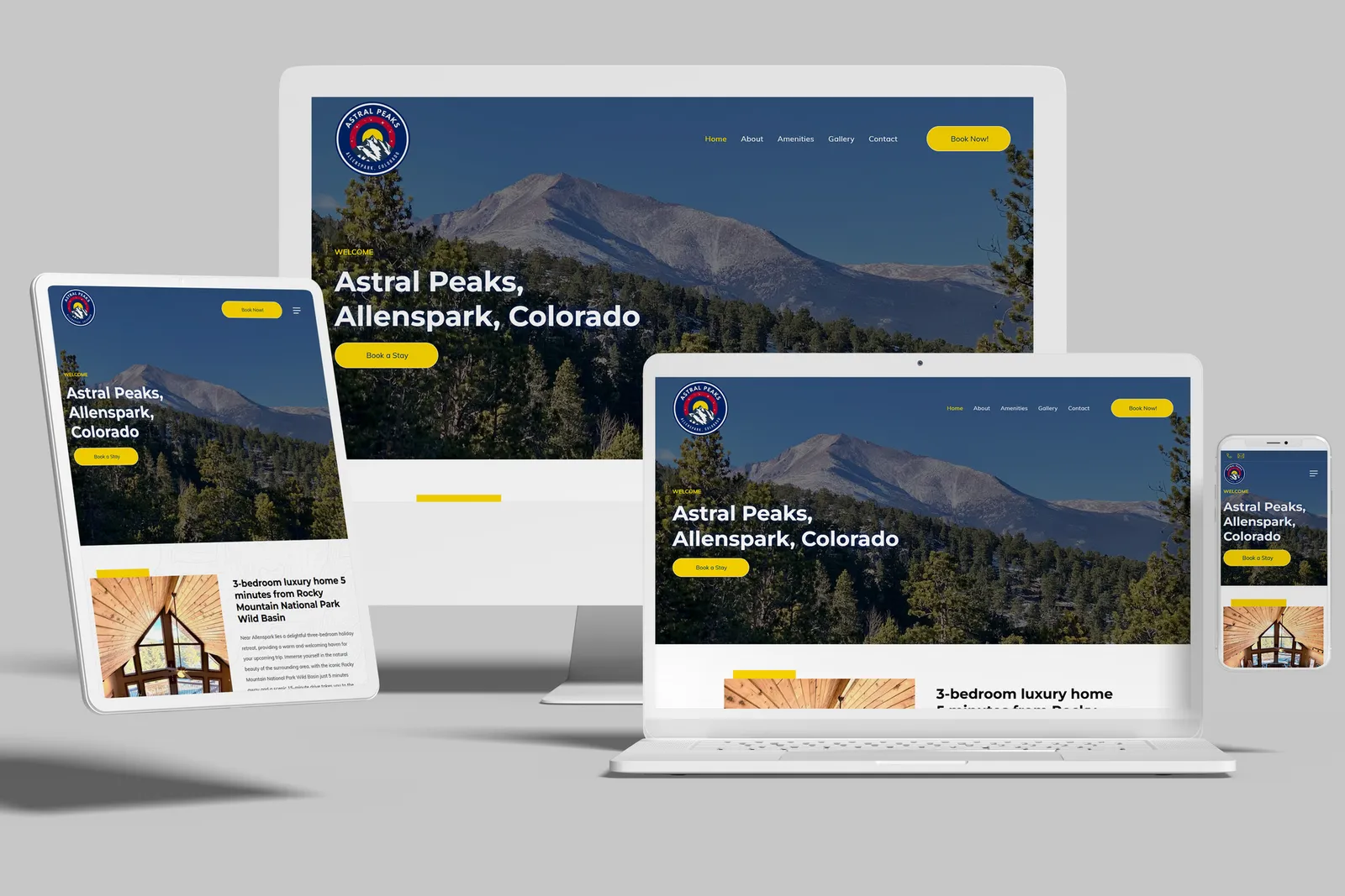 Vacation rental website shown on desktop, laptop, tablet and phone