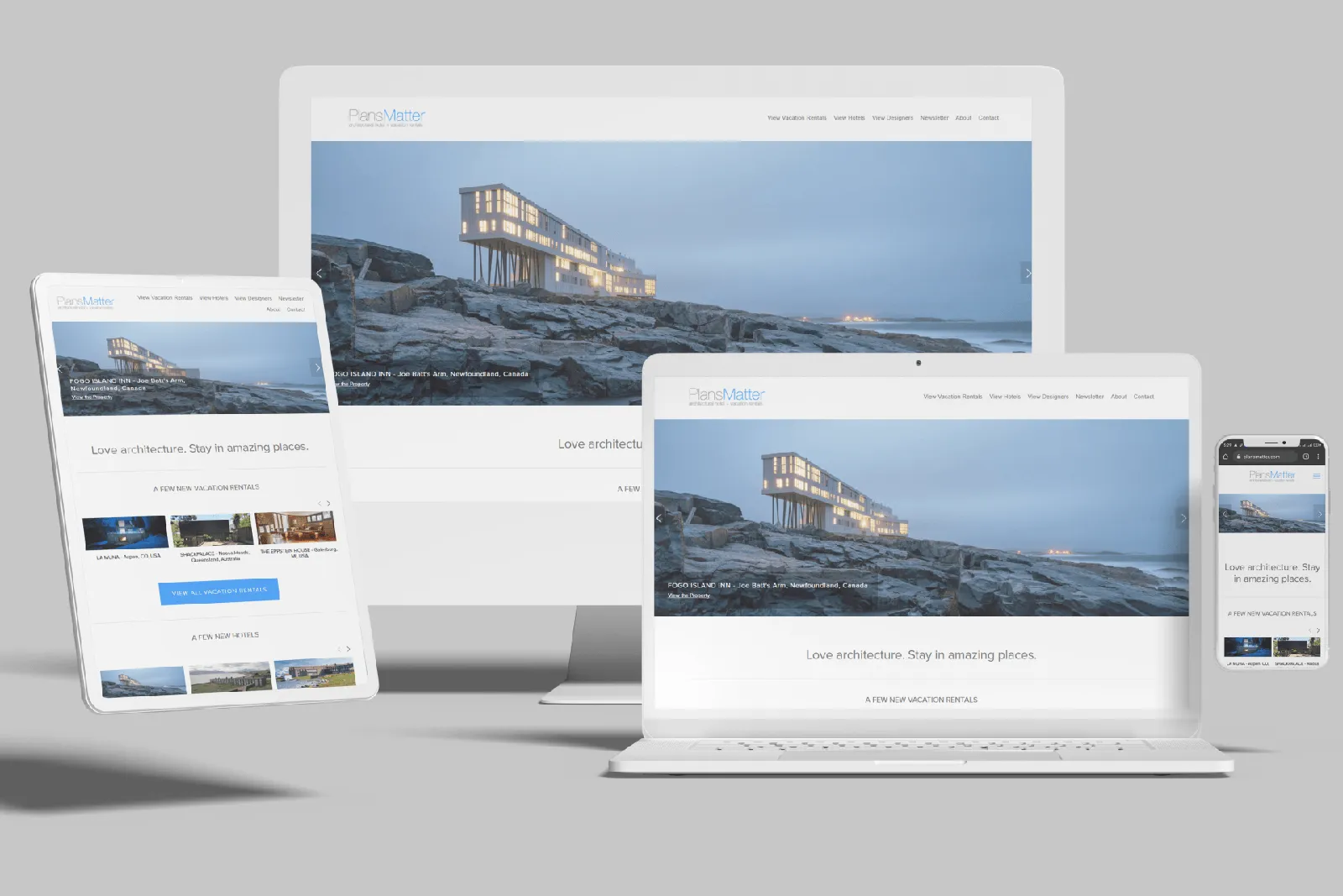 Architecture focused vacation rental website shown on desktop, laptop, tablet and phone