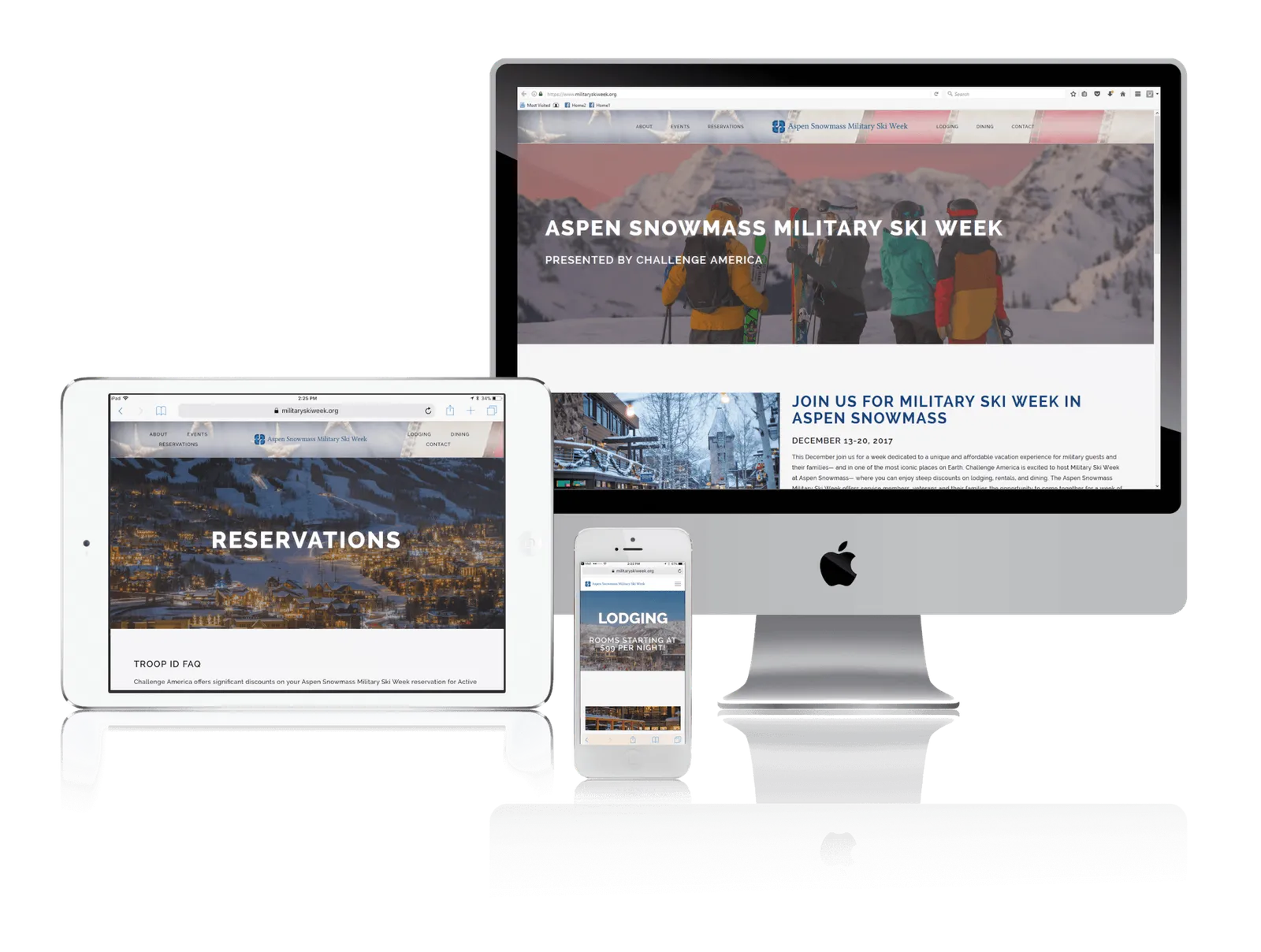 Military ski week event website shown on desktop, laptop, tablet and phone
