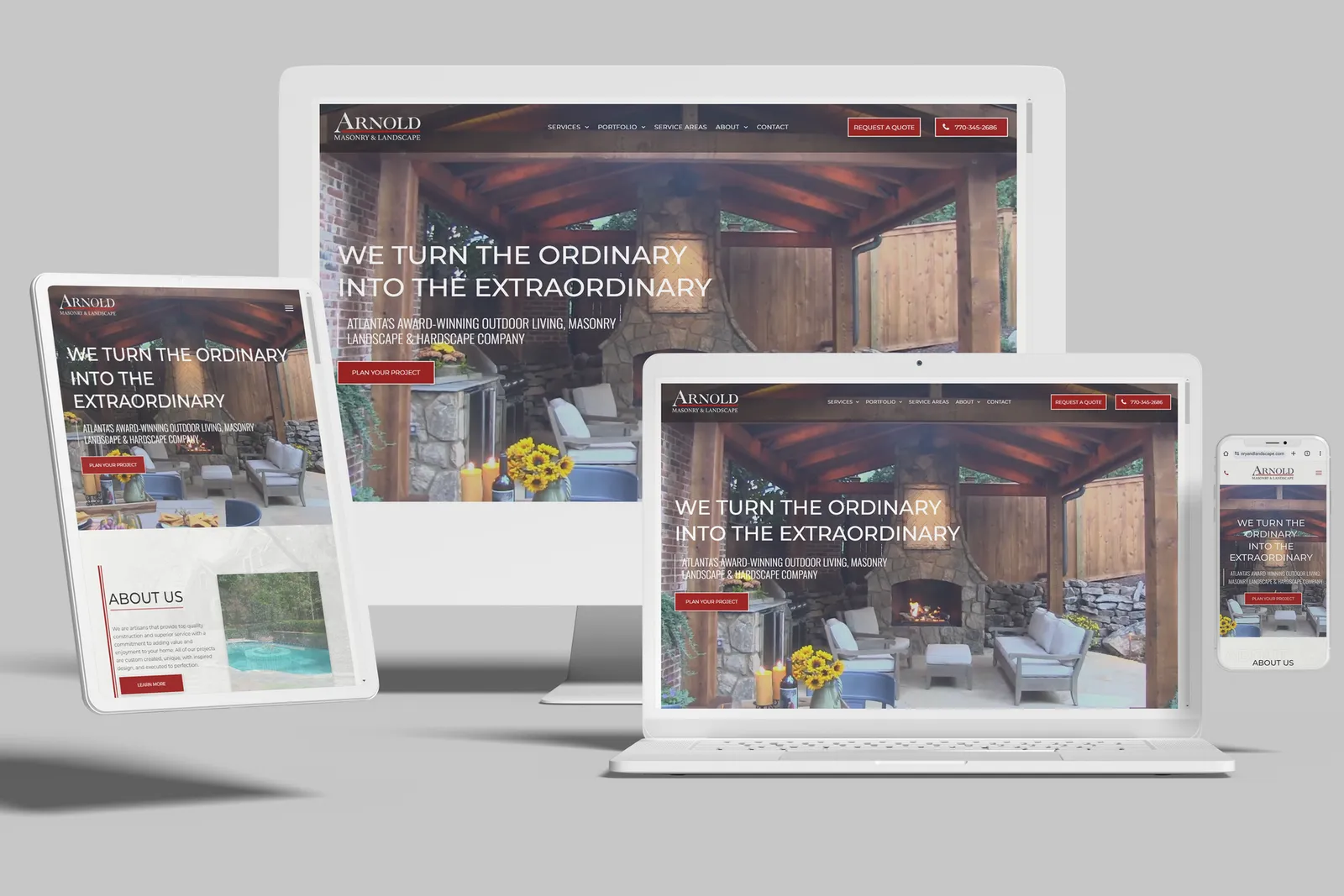 Masonry and landscape company website shown on desktop, laptop, tablet and phone