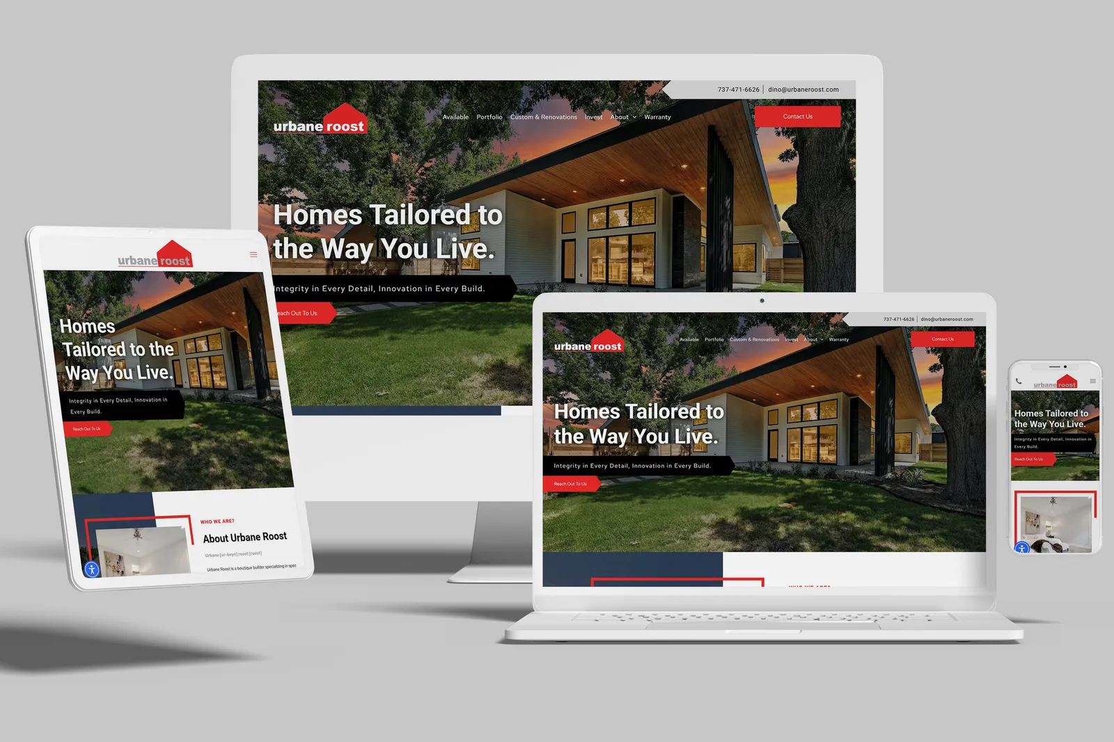 Home builder website shown on desktop, laptop, tablet and phone