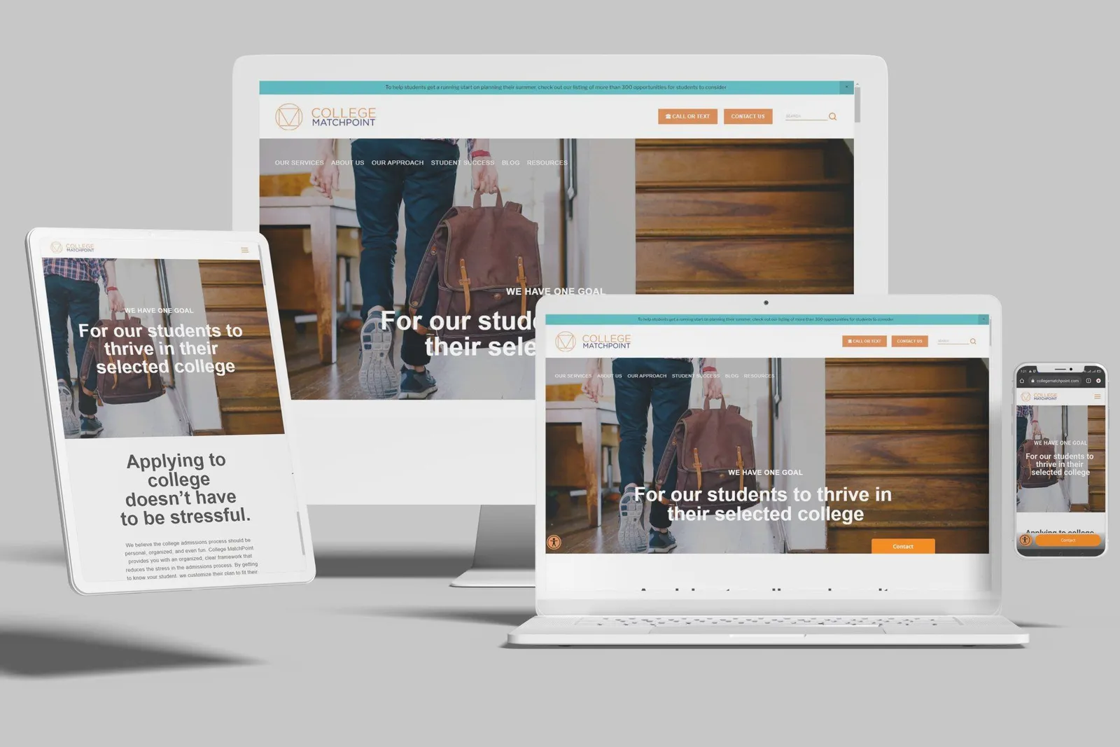 College planning consultant website shown on desktop, laptop, tablet and phone