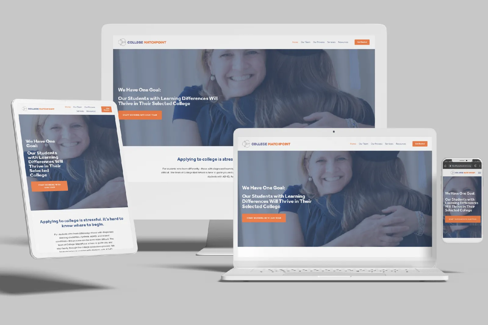 College placement consultant website shown on desktop, laptop, tablet and phone
