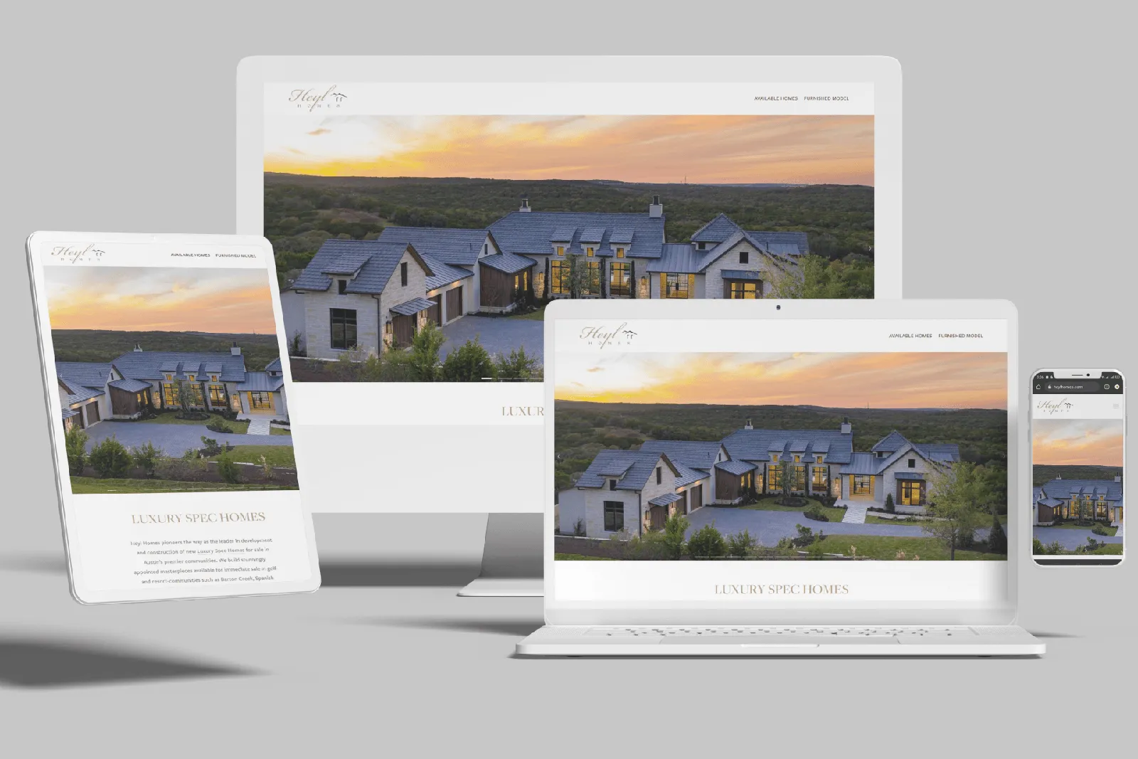 Luxury home builder website shown on desktop, laptop, tablet and phone