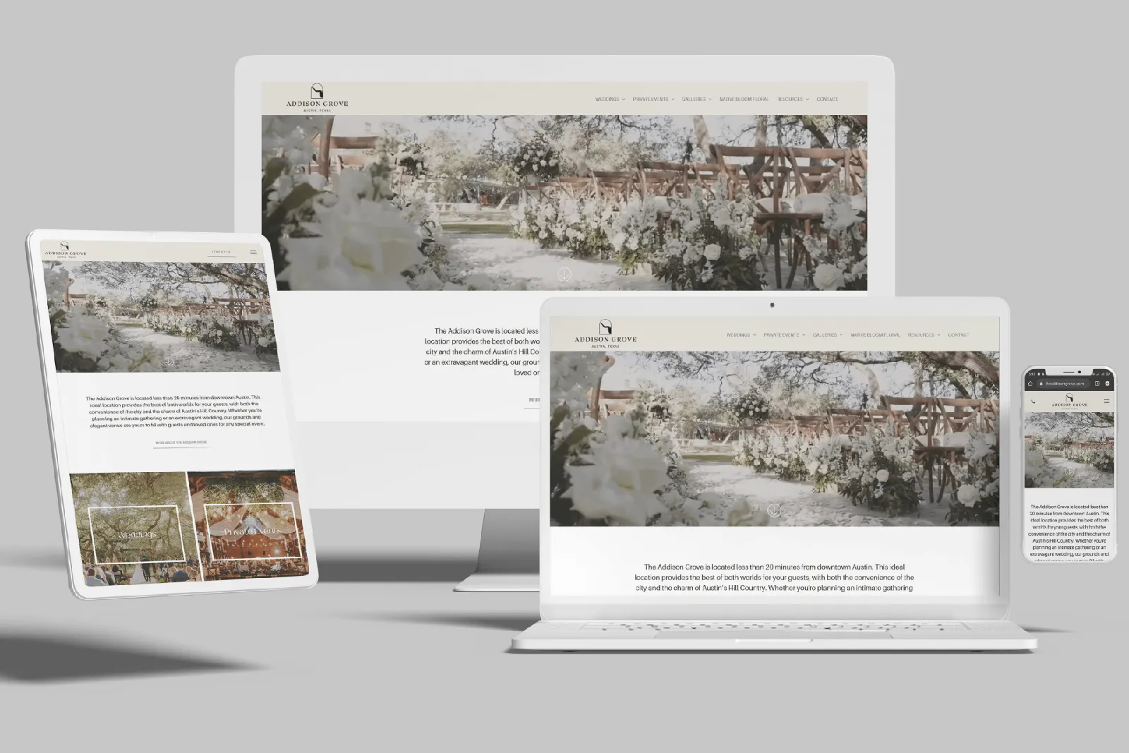 Wedding venue website shown on desktop, laptop, tablet and phone