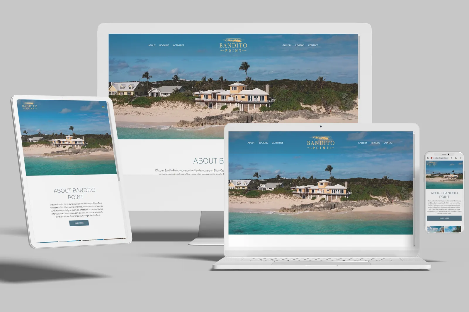 Vacation rental website shown on desktop, laptop, tablet and phone