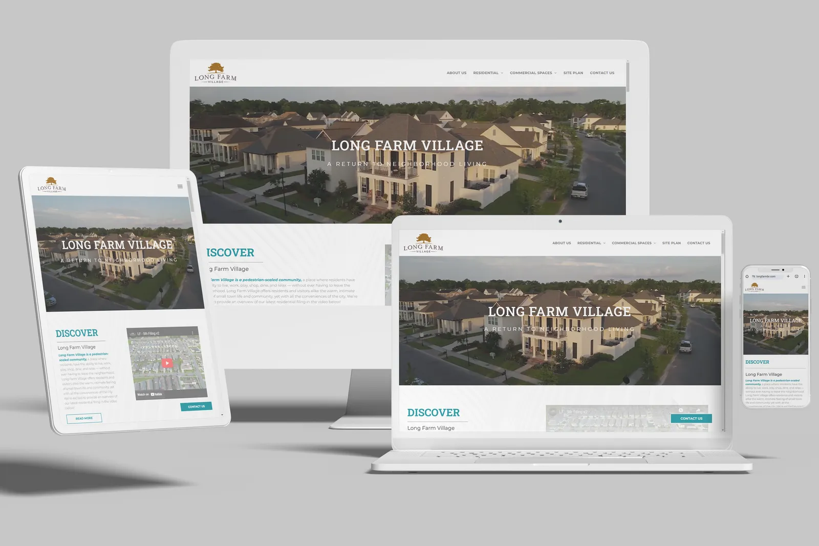 Mixed-use community website shown on desktop, laptop, tablet and phone