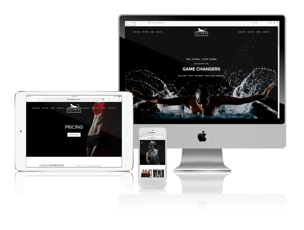 Cryotherapy lounge website shown on desktop, laptop, tablet and phone