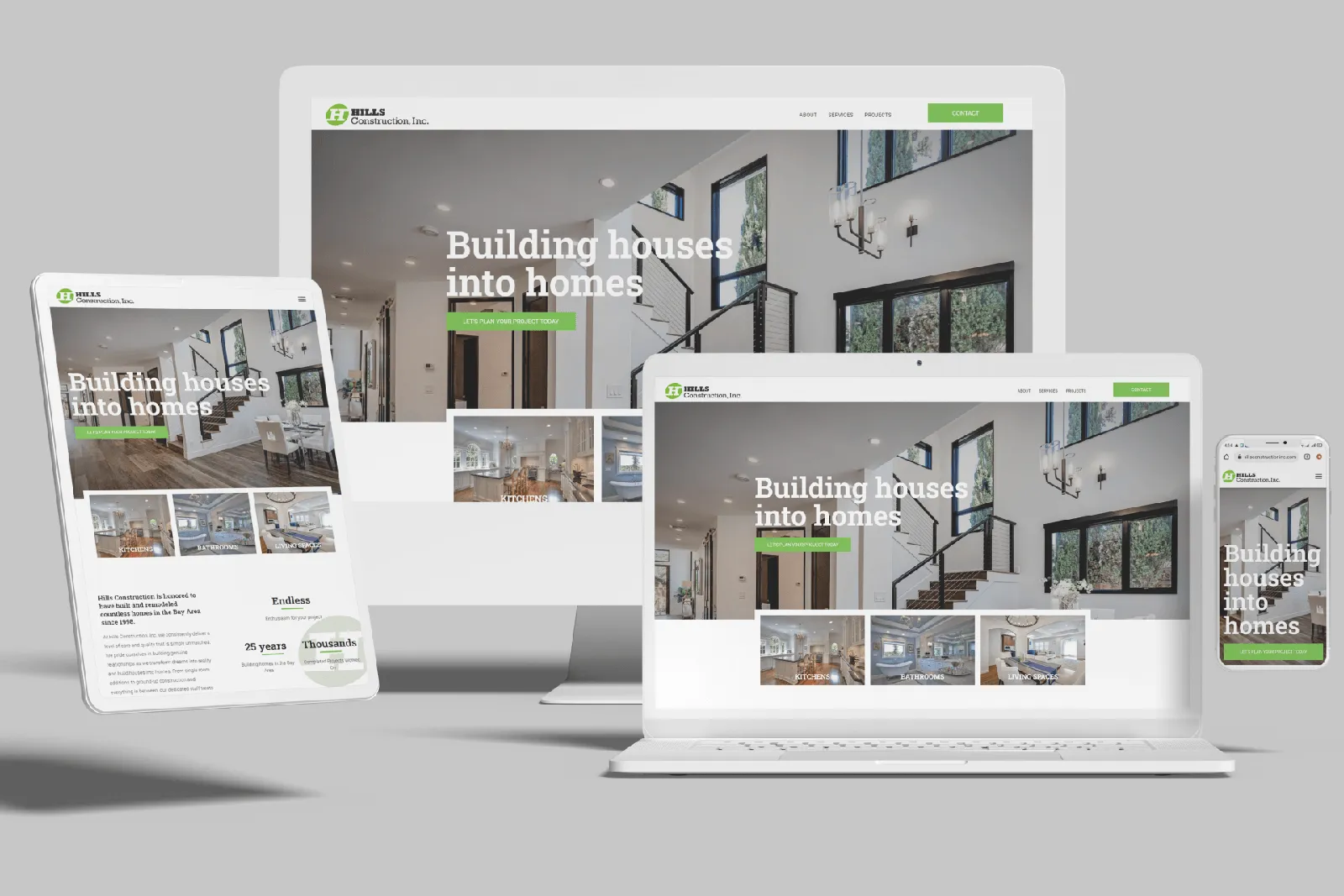 Design-build firm website shown on desktop, laptop, tablet and phone