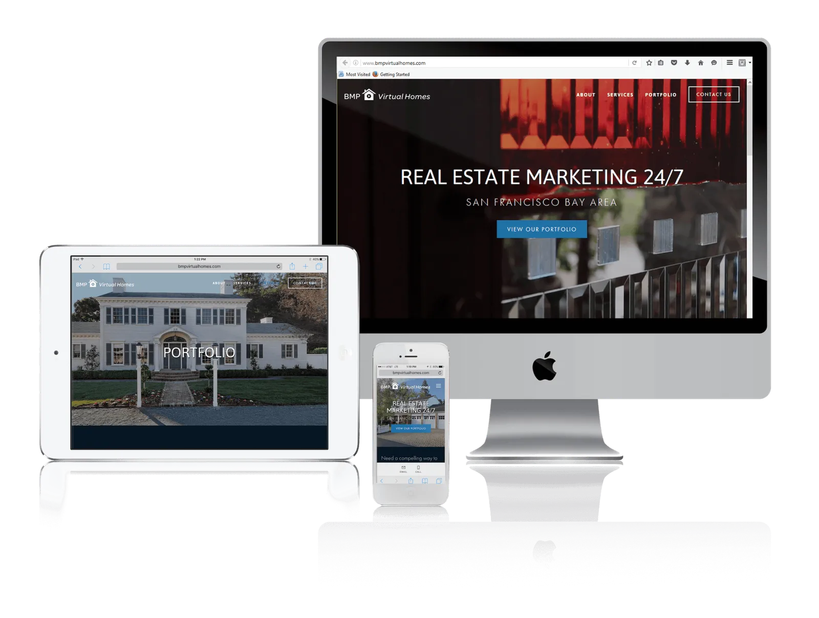 Bay Area real estate video tour company website shown on desktop, laptop, tablet and phone