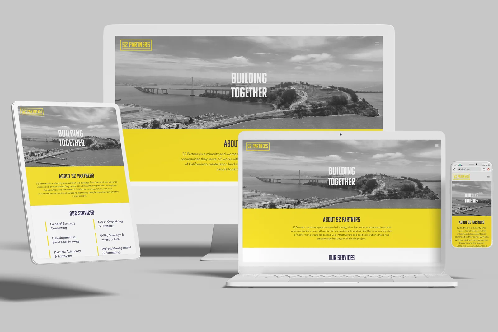 Consulting firm website shown on desktop, laptop, tablet and phone