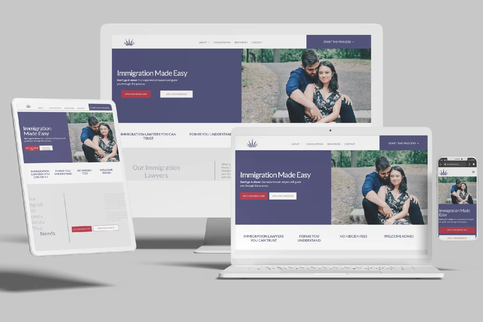 Immigration attorney website shown on desktop, laptop, tablet and phone