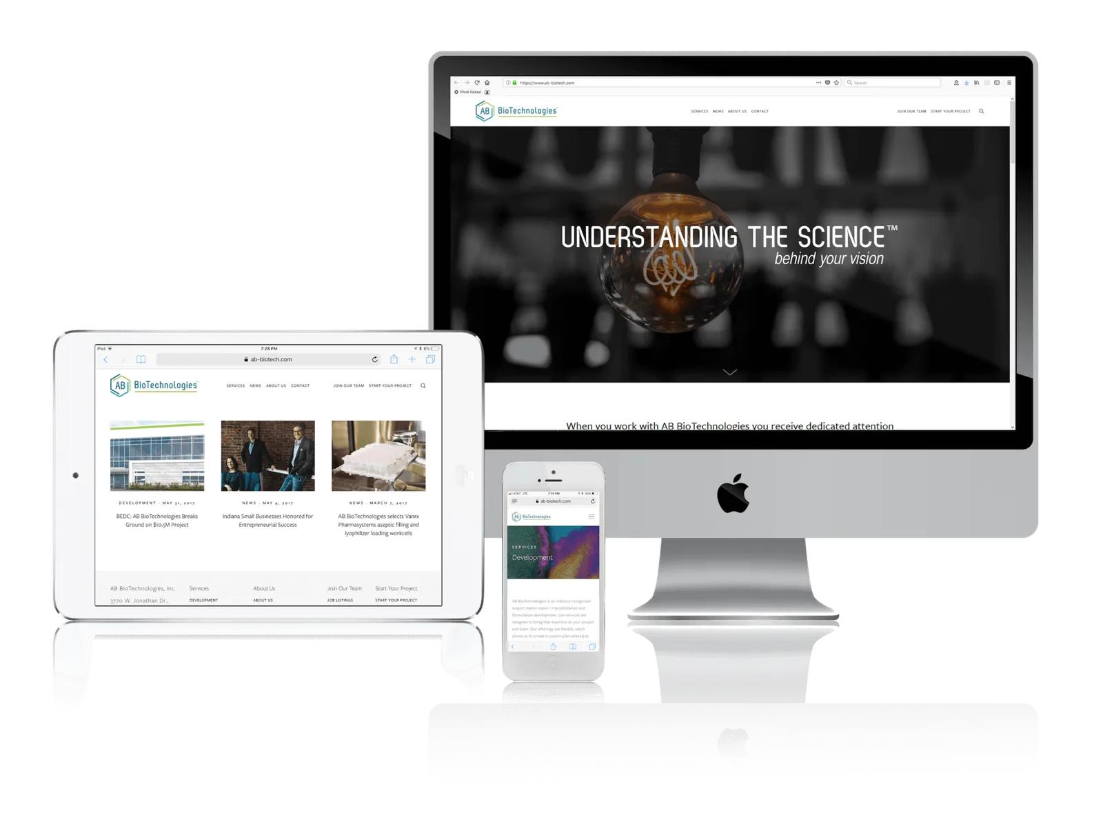 Biotech freeze drying services website shown on desktop, laptop, tablet and phone