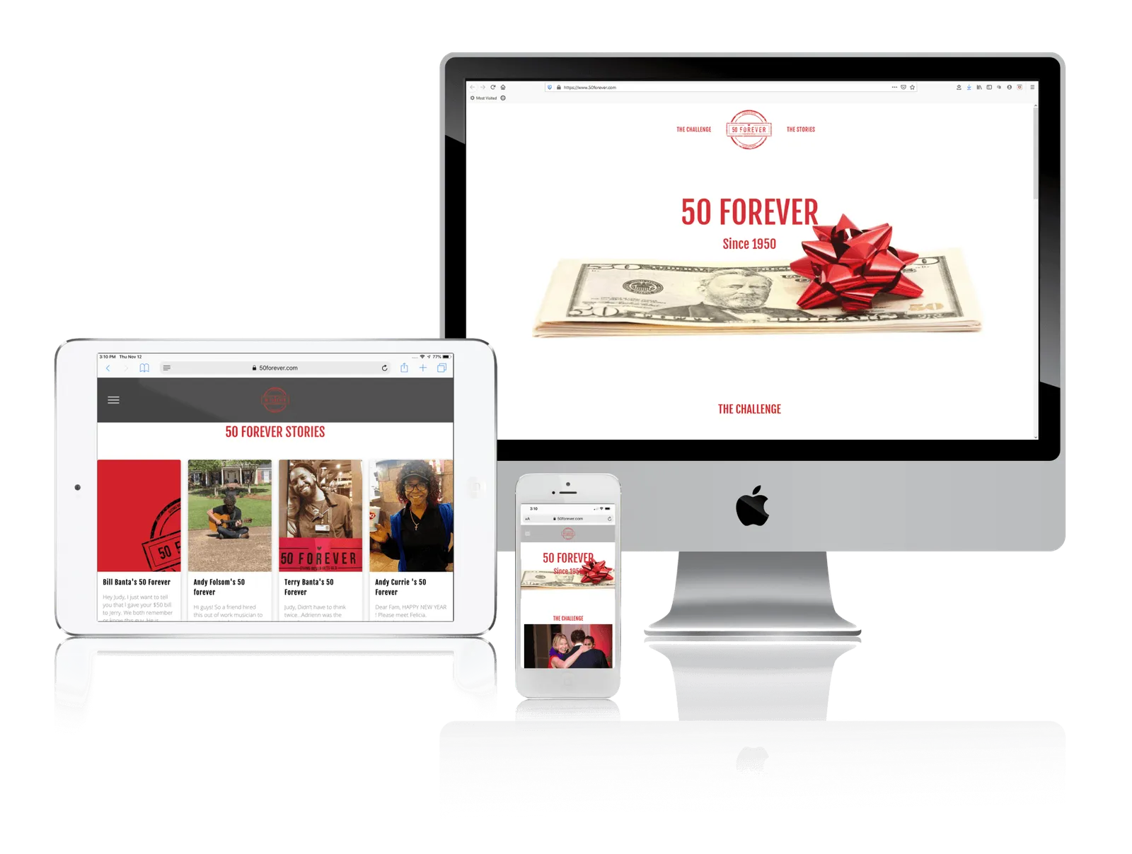 Personal giving project website shown on desktop, laptop, tablet and phone