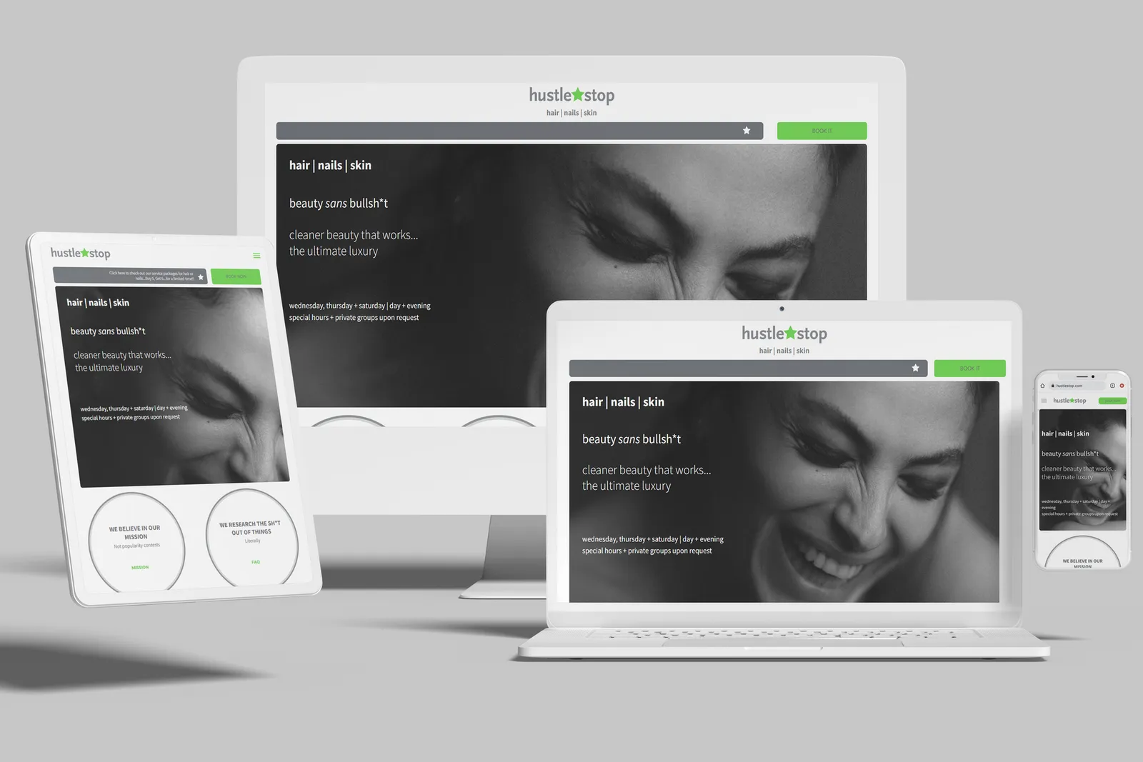 Salon website shown on desktop, laptop, tablet and phone