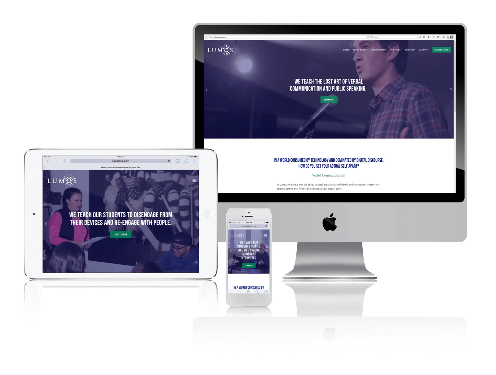 Public speaking program website shown on desktop, laptop, tablet and phone