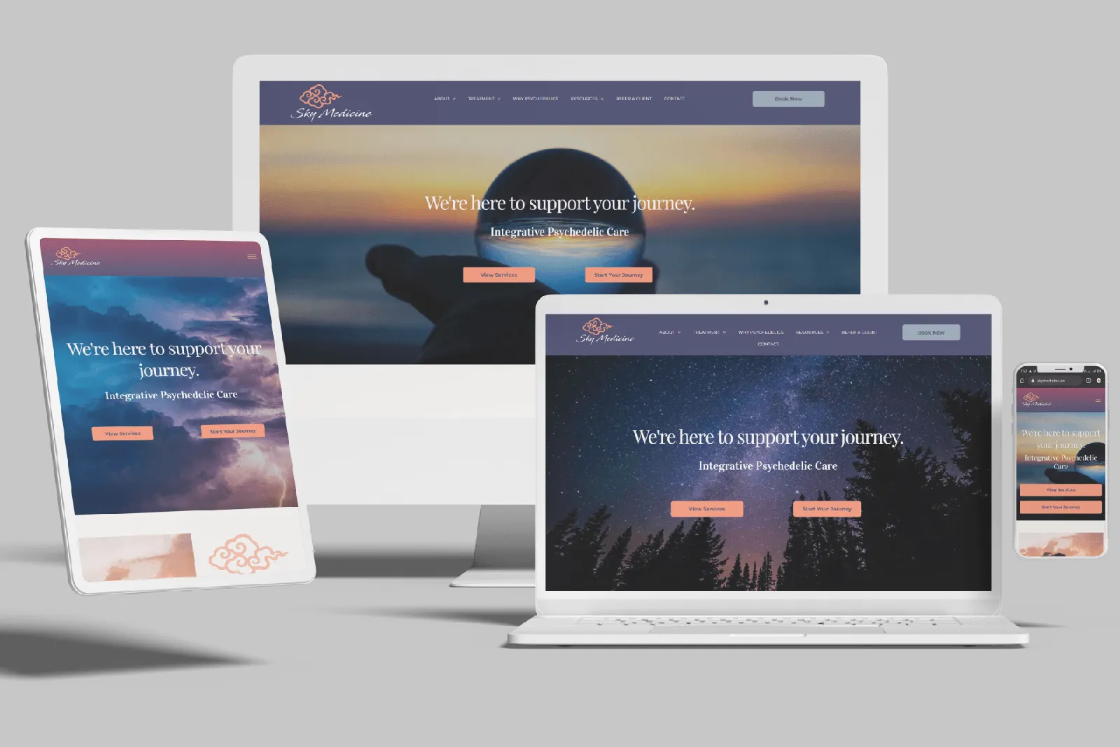 Alternative healing practice website shown on desktop, laptop, tablet and phone