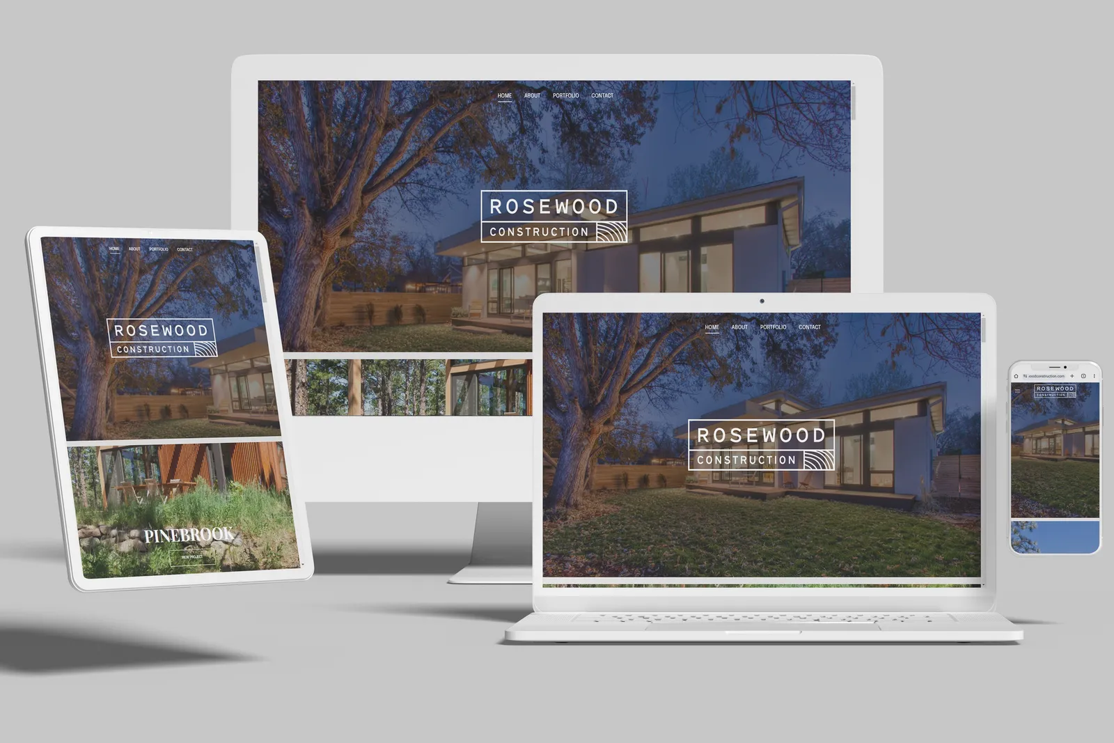 Construction firm website shown on desktop, laptop, tablet and phone