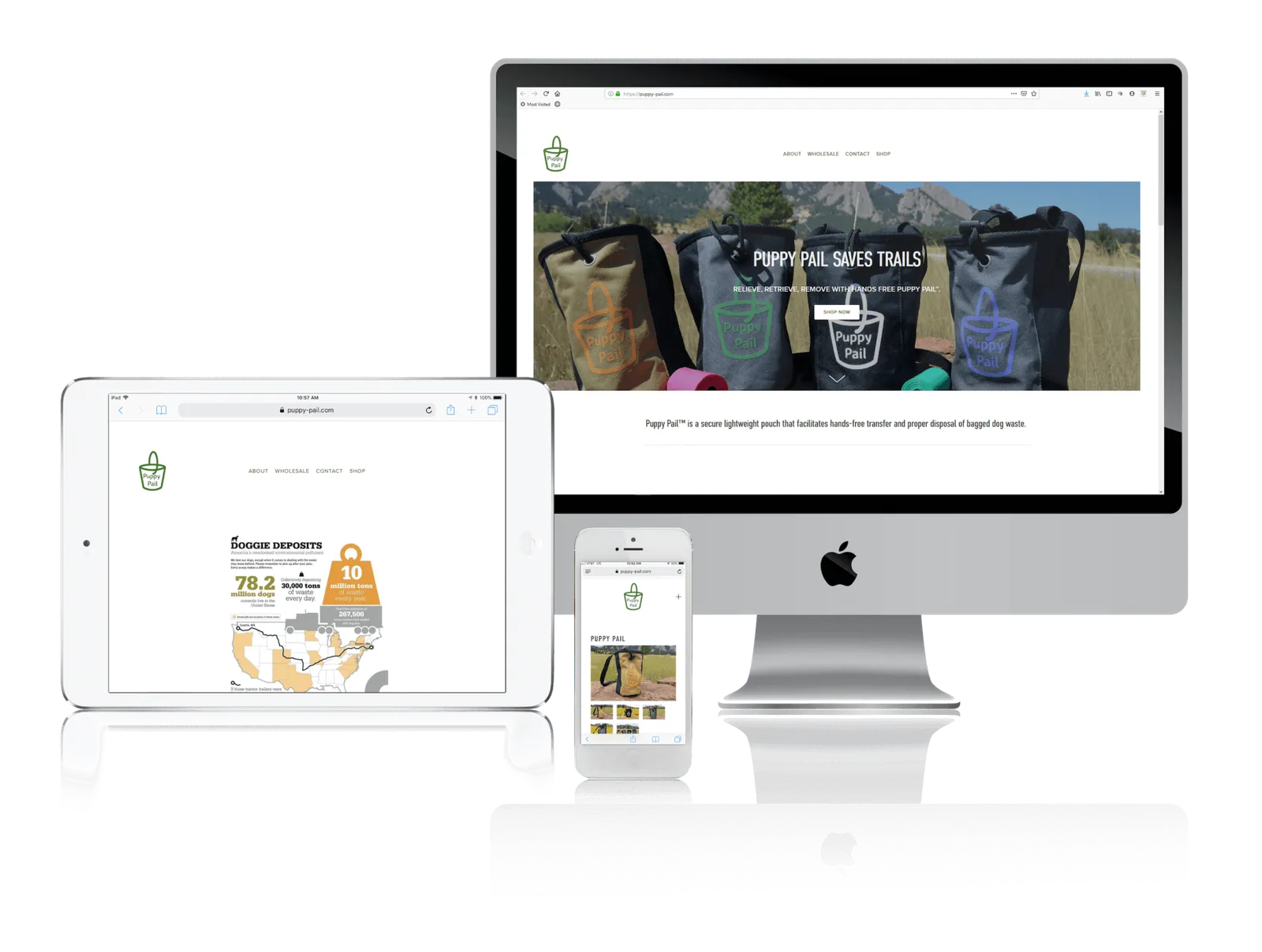 Pet product website shown on desktop, laptop, tablet and phone