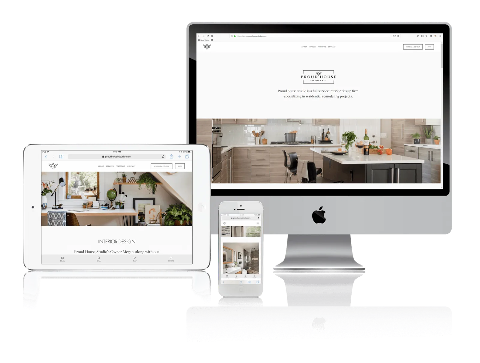 Interior design studio website shown on desktop, laptop, tablet and phone