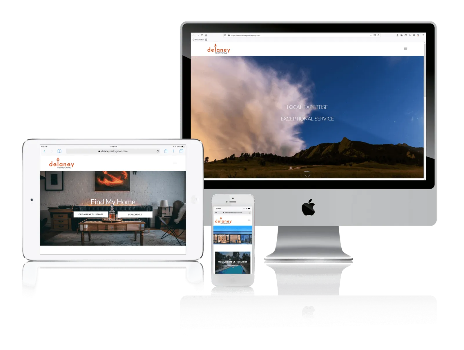 Real estate agency website shown on desktop, laptop, tablet and phone