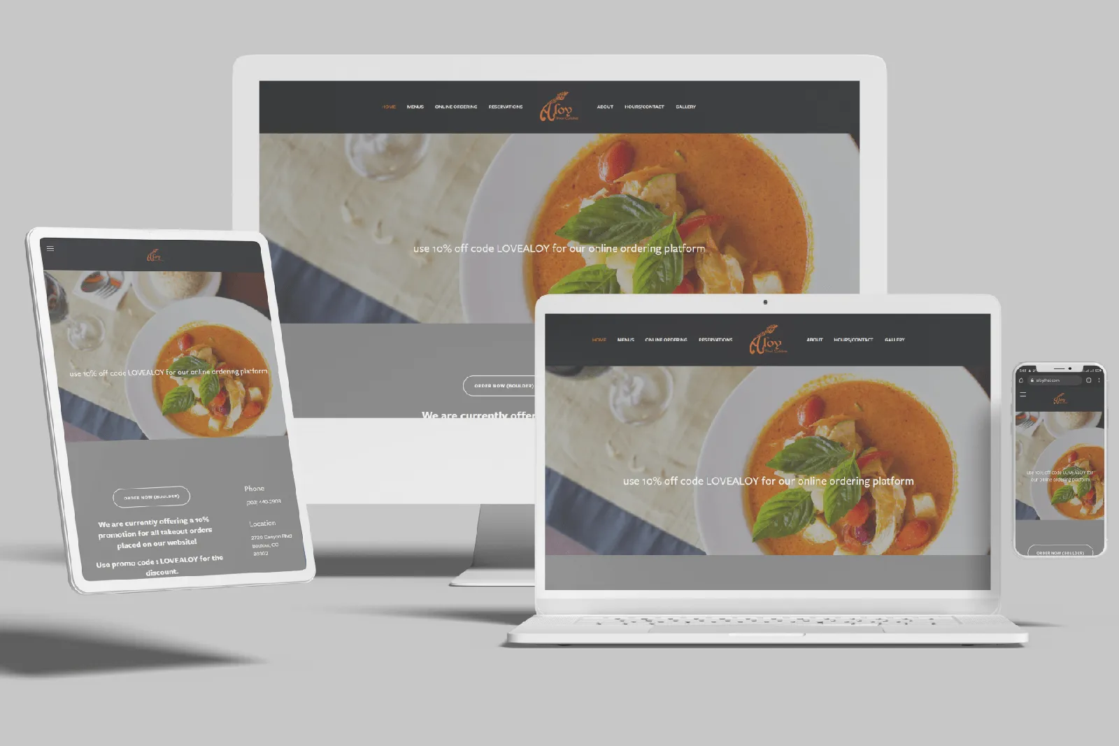 Boulder Thai restaurant website shown on desktop, laptop, tablet and phone