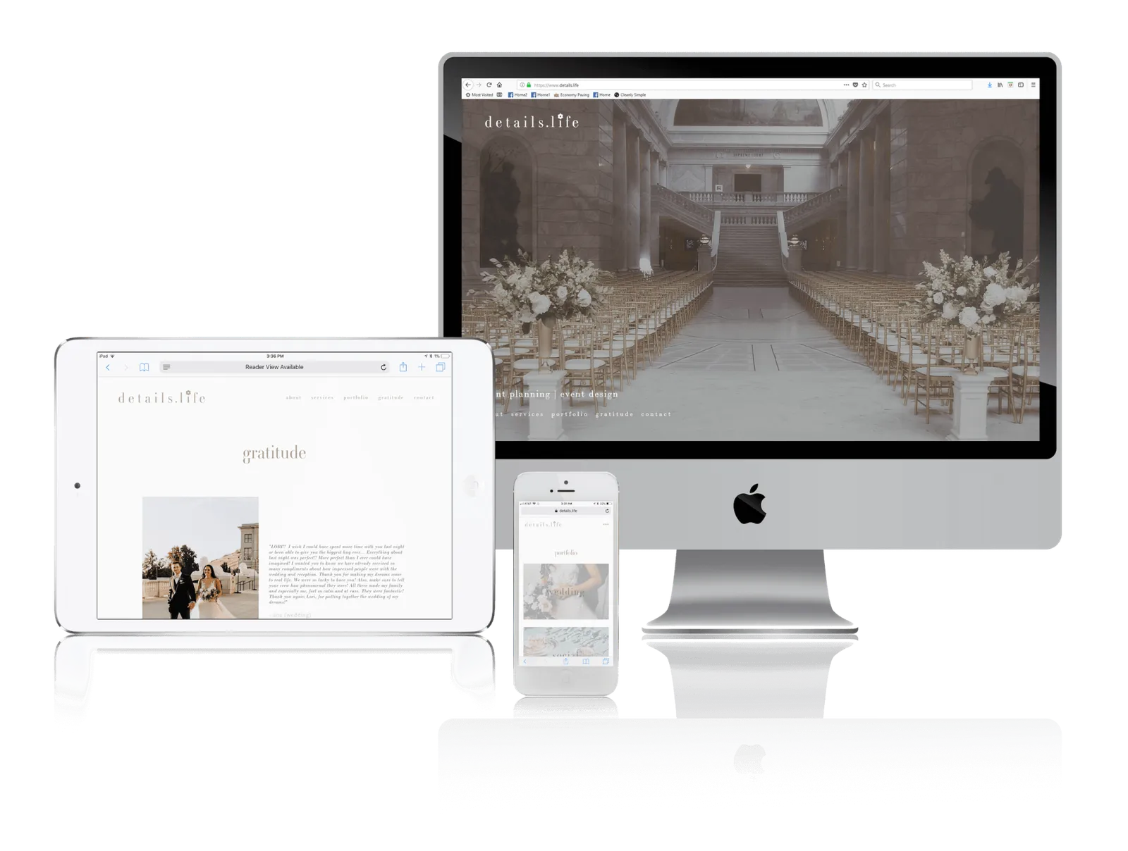 Boutique event planning and design website shown on desktop, laptop, tablet and phone
