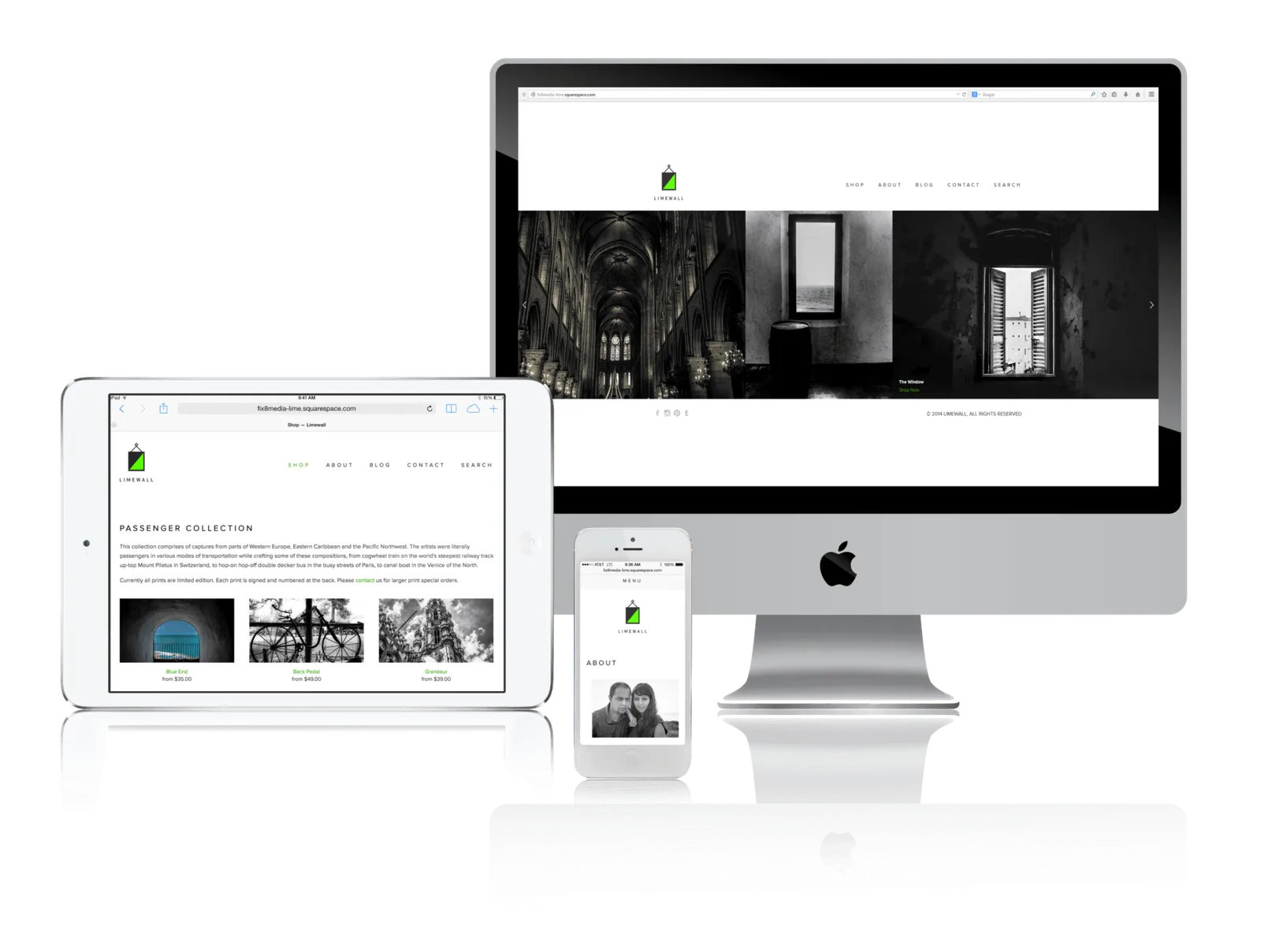Fine art photography store website shown on desktop, laptop, tablet and phone