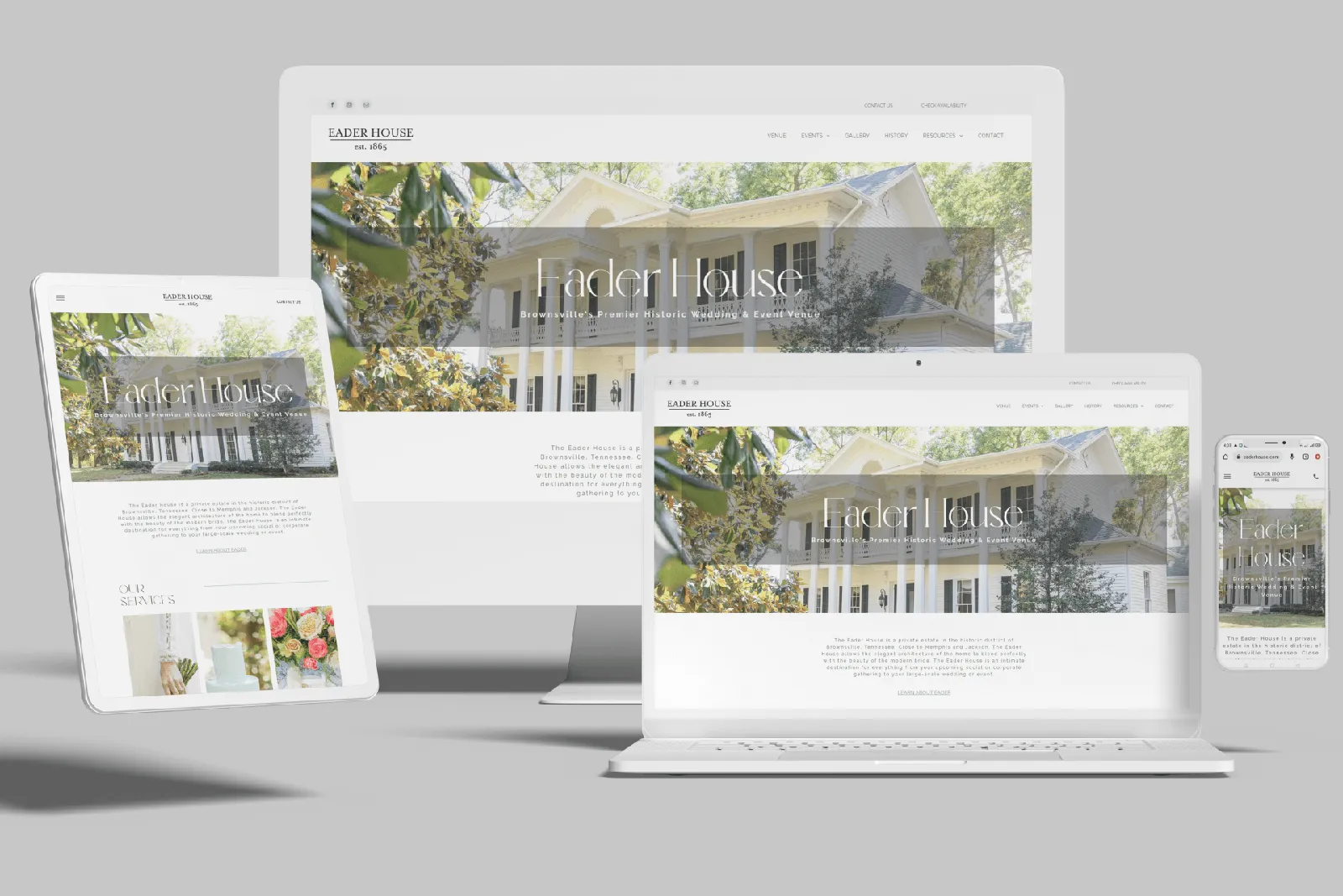Event venue website shown on desktop, laptop, tablet and phone