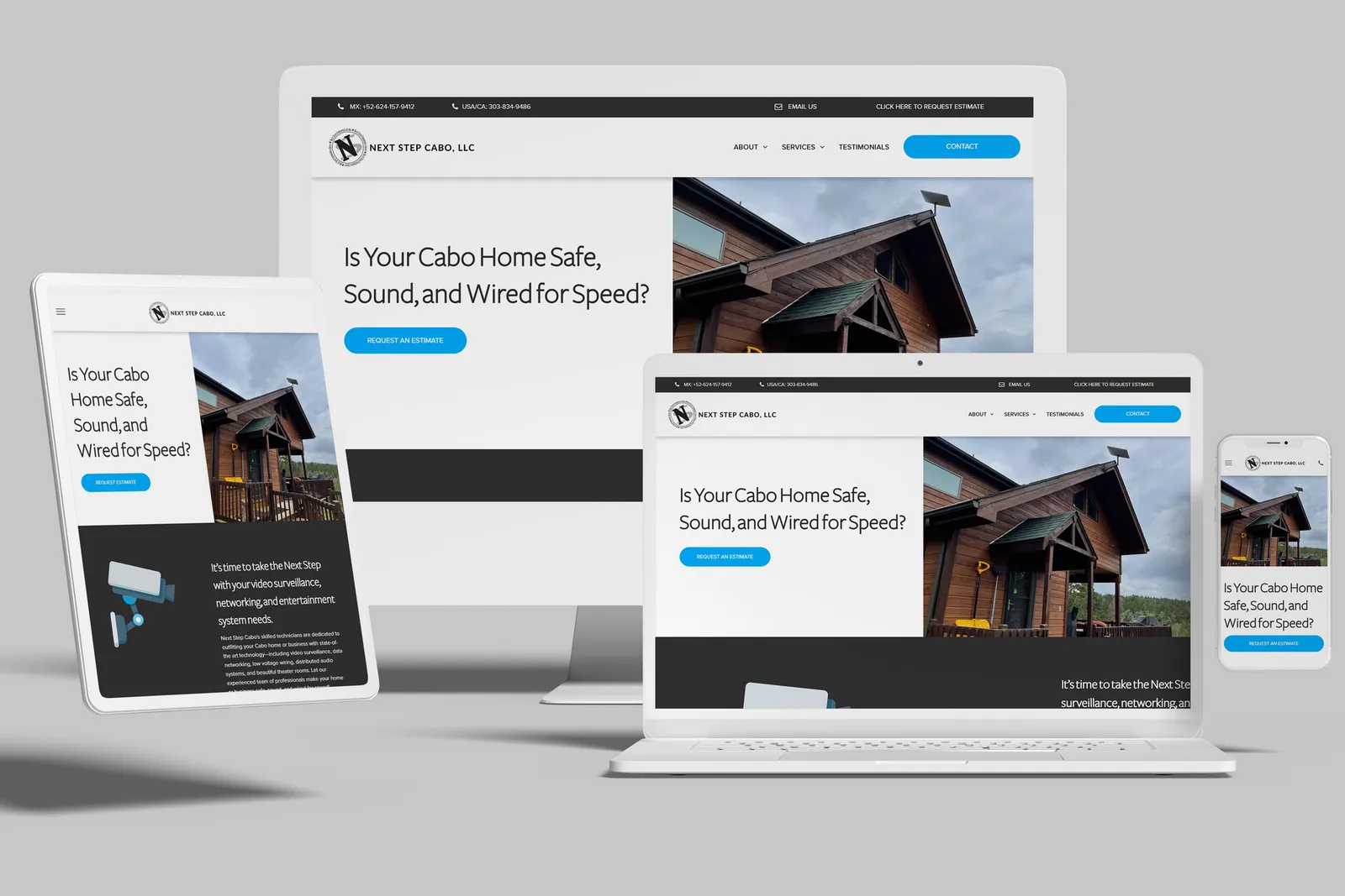 Surveillance and AV installer website shown on desktop, laptop, tablet and phone