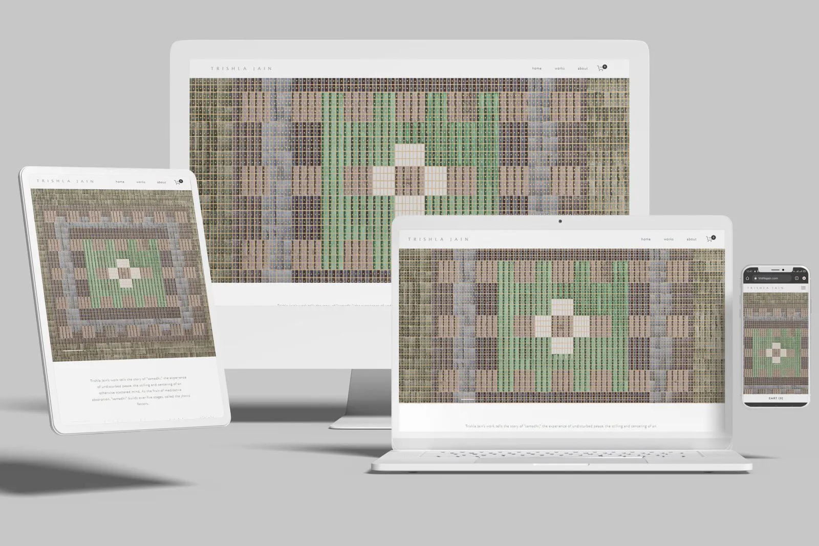 Artist portfolio website shown on desktop, laptop, tablet and phone