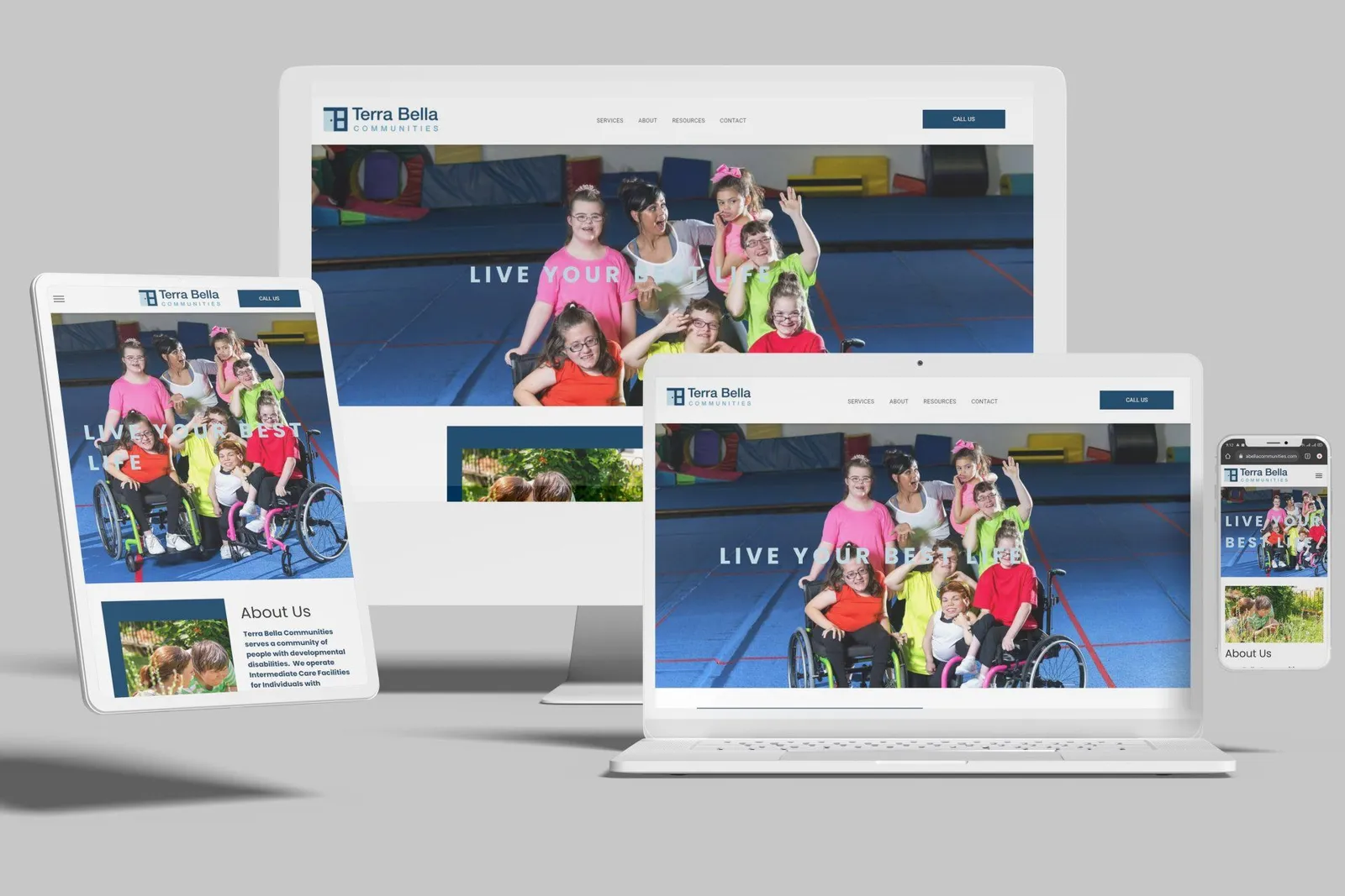 Specialized housing provider website shown on desktop, laptop, tablet and phone