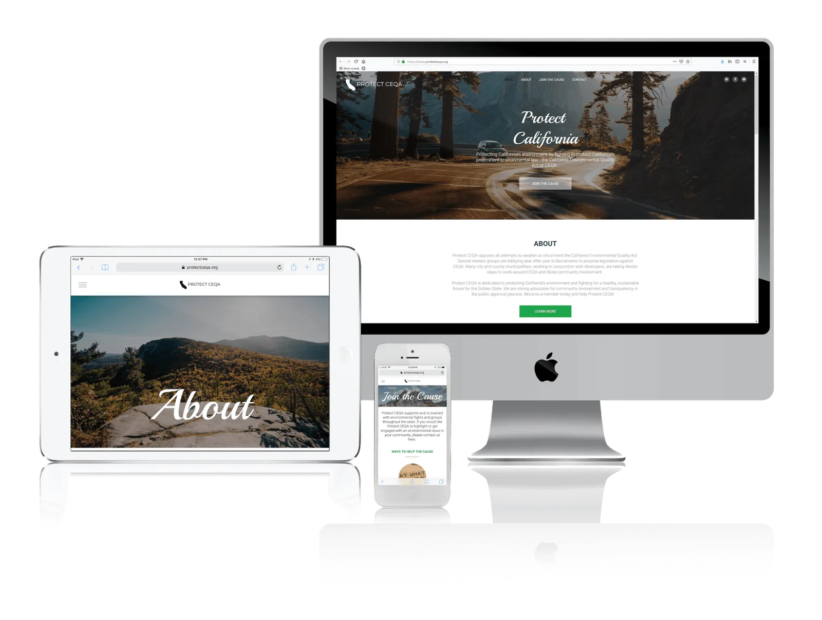 Environmental nonprofit website shown on desktop, laptop, tablet and phone