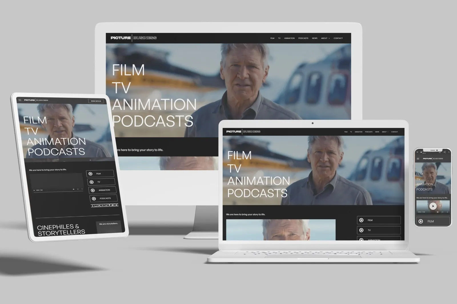 Production company website shown on desktop, laptop, tablet and phone