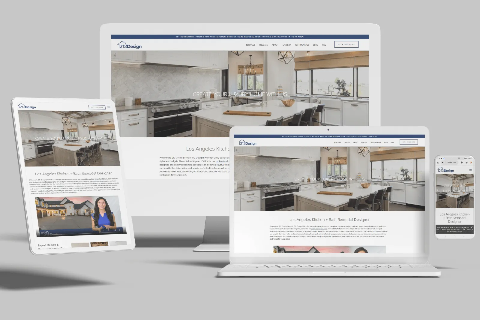 Design-build firm website with a kitchen interior shown on desktop, laptop, tablet and phone