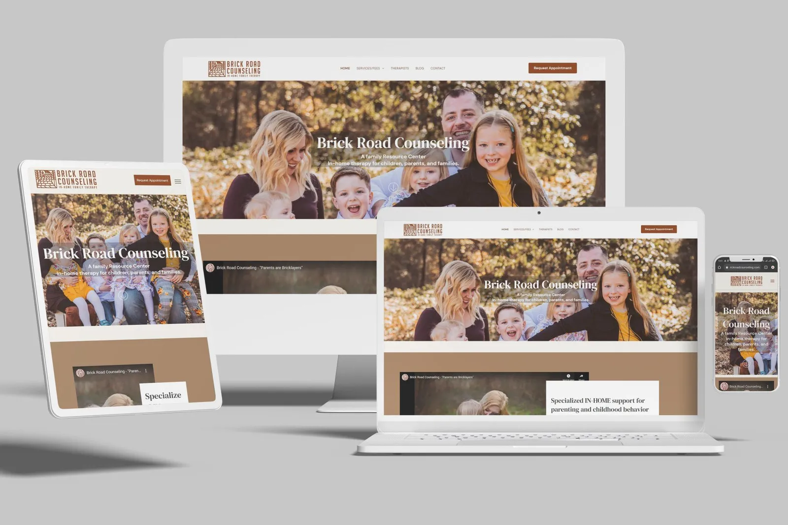 Family therapist website shown on desktop, laptop, tablet and phone