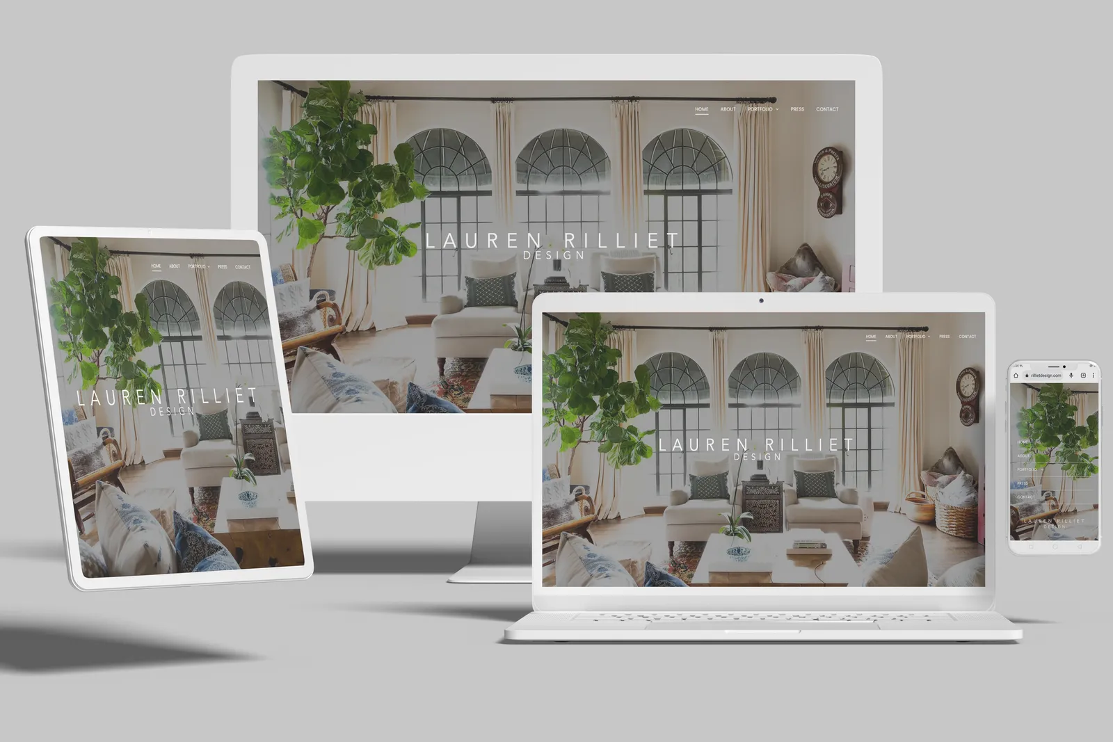 Interior design website shown on desktop, laptop, tablet and phone