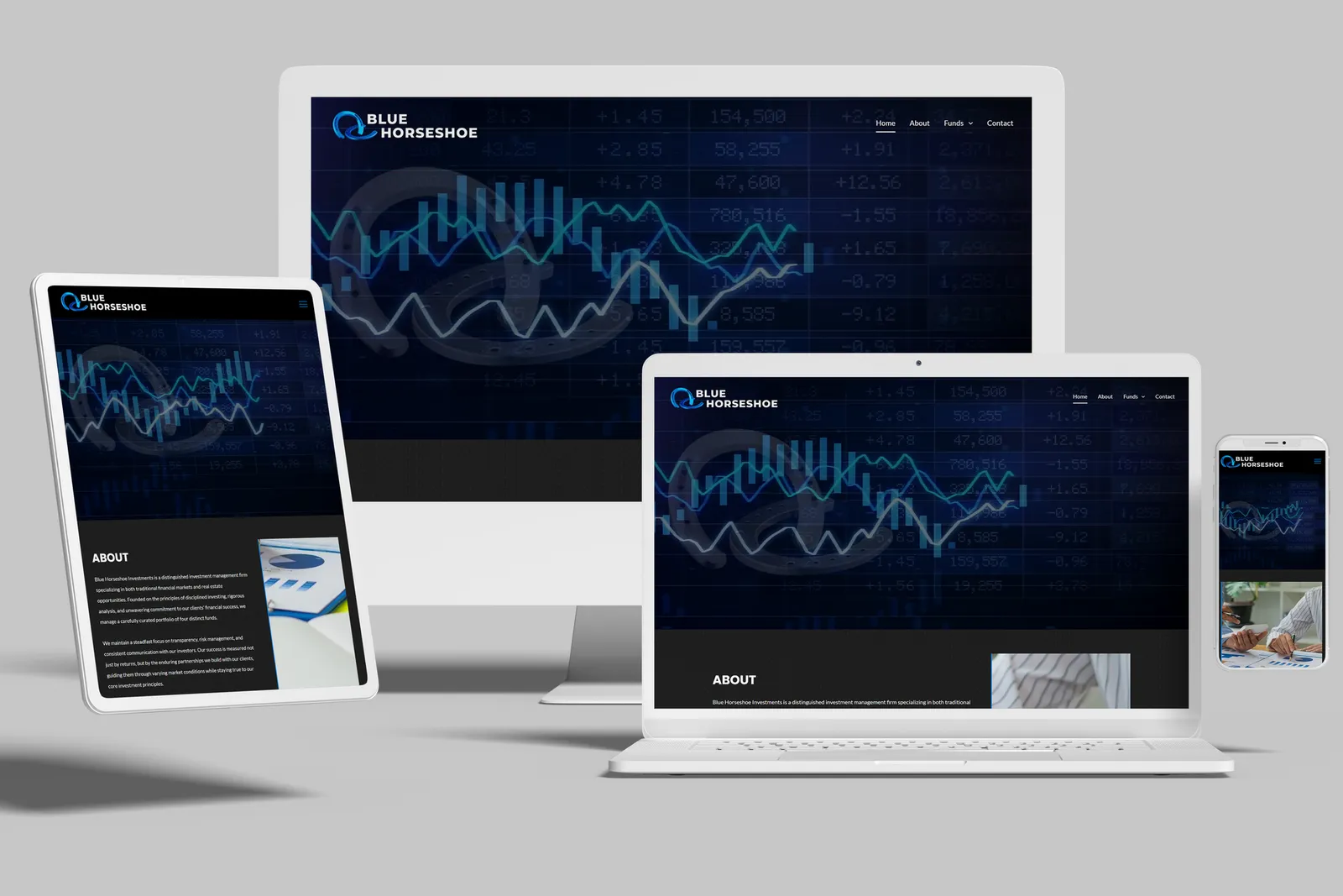 Investment management firm website shown on desktop, laptop, tablet and phone