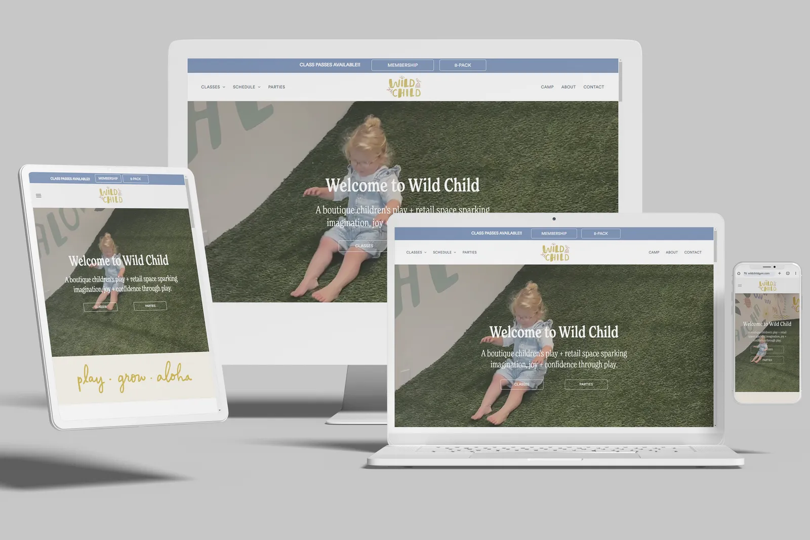 Children's gym website shown on desktop, laptop, tablet and phone