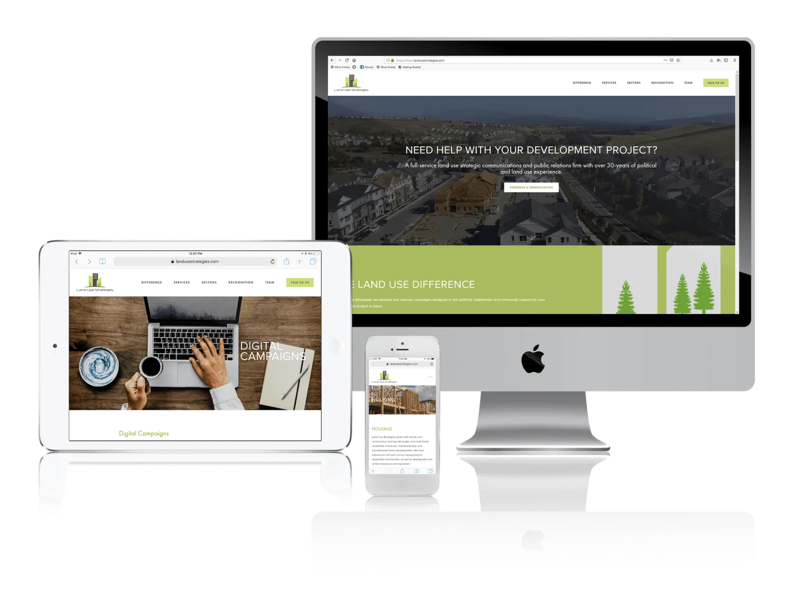 California land use communications firm website shown on desktop, laptop, tablet and phone