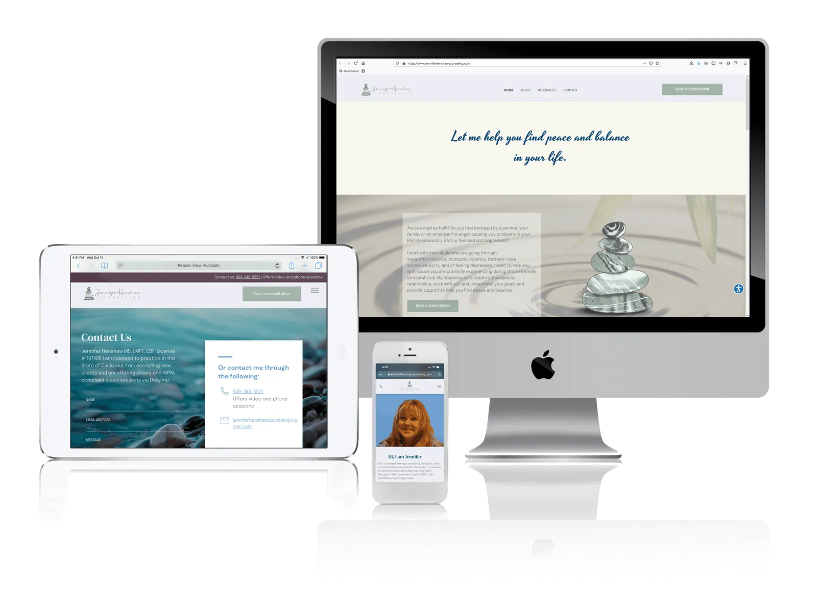 Marriage and family therapy practice website shown on desktop, laptop, tablet and phone