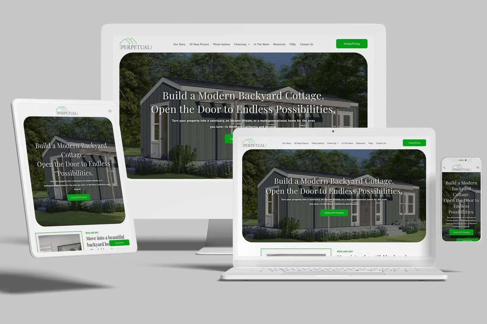 Modular home builder website shown on desktop, laptop, tablet and phone