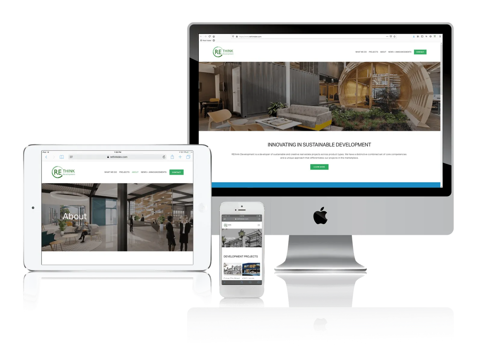 Real estate developer website shown on desktop, laptop, tablet and phone